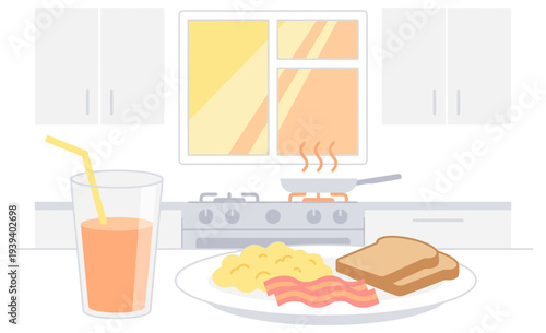Breakfast Scene with Eggs, Toast, and Coffee in a Cozy Kitchen