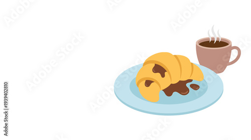 Fresh breakfast plate with croissants, chocolate spread, and hot coffee