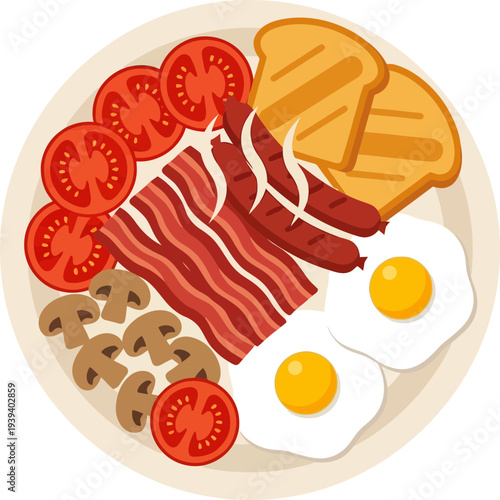 Fresh Breakfast Plate with Eggs, Bacon, Toast, and Vegetables