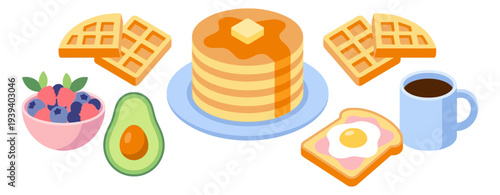 Healthy Breakfast With Pancakes, Waffles, Fruit, and Eggs