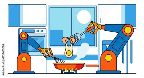 Robotic arms preparing breakfast in industrial kitchen