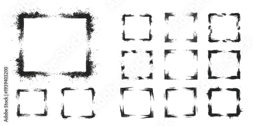 Set of black grunge square borders ink splatter frame corners and distressed edges vector illustration