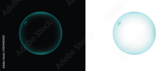 A glowing blue orb is displayed against a dark background on the left and a bright white background on the right, showcasing contrasting environments and viewpoints.