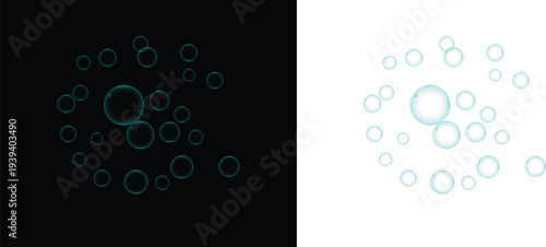 A circular arrangement of turquoise circles on a dark background mirrored by light blue circles on a light background in a symmetrical composition illustration
