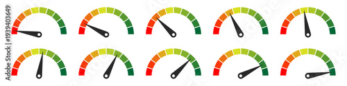 Speedometer icon set or Tachometer icon concept of dashboard, gauge, meter, speed, indicator, performance, dial, level, control, measurement Vector illustration