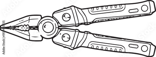 Firefighter Heavy Duty Rescue Pliers Black and White Line Art Vector Side View