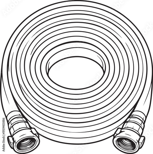 Firefighter Coiled Water Hose Black and White Line Art Vector Top View