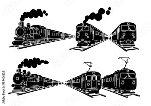 Vector Train Silhouette Icon Set: Evolution of Locomotives from Vintage Steam Engines to Modern Electric High-Speed Rail