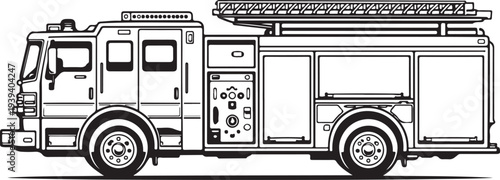 Fire Truck Black and White Line Art Vector Side View
