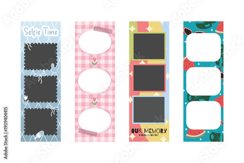 Photo Strip, Photo Booth, Instant Photo Frame Collection Template Set - Colorful, Plaid, Summer, Blue Pattern