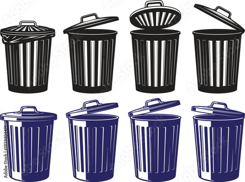 A collection of eight trash cans in various lid positions depicted in black and blue against a white background showcasing different waste management styles