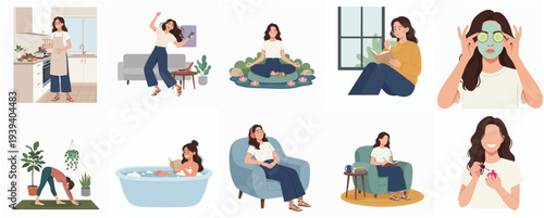 Flat Style Woman Lifestyle Activity Home Interior Element Set Illustration