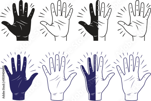 A collection of eight hand gestures in various colors and styles showcasing different movements and expressions in a visually engaging and dynamic illustration