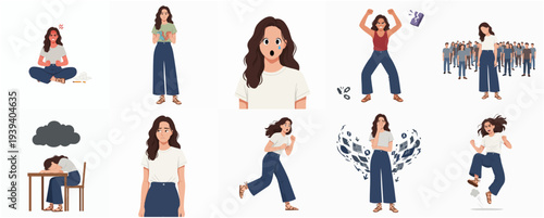 Flat Illustration Collection of Woman Character with Different Emotions and Activities