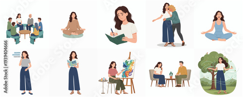 Flat Design People Doing Different Activities, Wellness, and Self Care Illustration