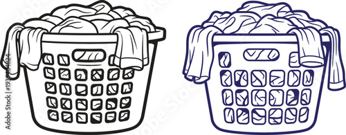 Two laundry baskets overflowing with dirty clothes and hanging garments