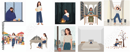 Diverse Flat Illustration of Woman in Various Scenes and Activities