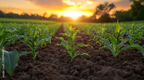 Young corn plants growing in field at sunset