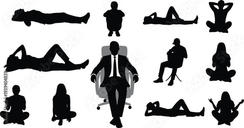 Silhouettes of people seated and reclining, central figure in office chair, casual poses, meditation, relaxation, leadership theme, vector illustration, artistic design