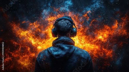 Man headphones cosmic fire background music