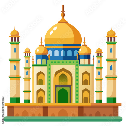 Vibrant illustration of the Taj Mahal in India with golden domes and minarets