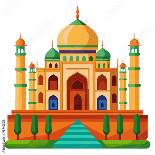 Vibrant illustration of the Taj Mahal with stunning architecture and beautiful gardens
