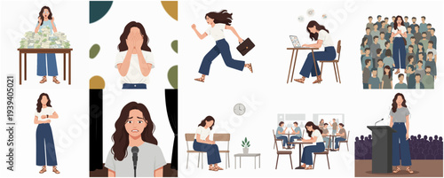 Flat Design Woman Illustration Set, Different Poses and Situations, Business Concept