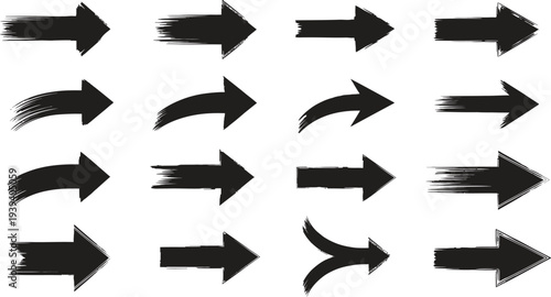 A collection of 16 black brush stroke arrows pointing right on a white background for design and directional purposes