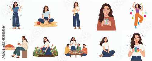 Diverse Flat Illustration Showing Different Lifestyle Activity of a Young Woman