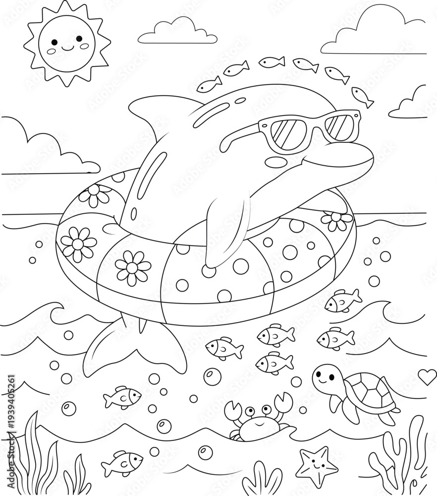 Obraz premium Cute Funny Dolphin Coloring Page for Kids Simple Cartoon Dolphin Line Art