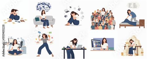 Diverse Flat Illustration Set of Woman Experiencing Stress and Mental Health
