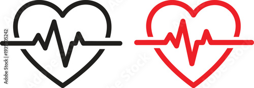 Heartbeat symbol with ecg line in black and red heart shapes on white background
