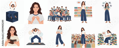 Illustration Set of Woman Expressing Various Emotions and Situations in Life
