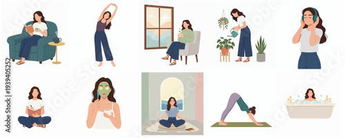 Flat Illustration Set of Woman Doing Self Care Activities at Home
