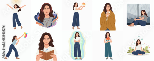 Minimalist Flat Style Illustration of Young Woman Various Activity Set
