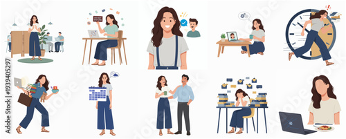 Flat Style Diverse Woman Character Scenes in Office and Freelance Lifestyle