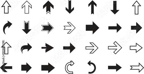 A collection of 36 black and white arrow icons in various styles and directions for navigation and design purposes