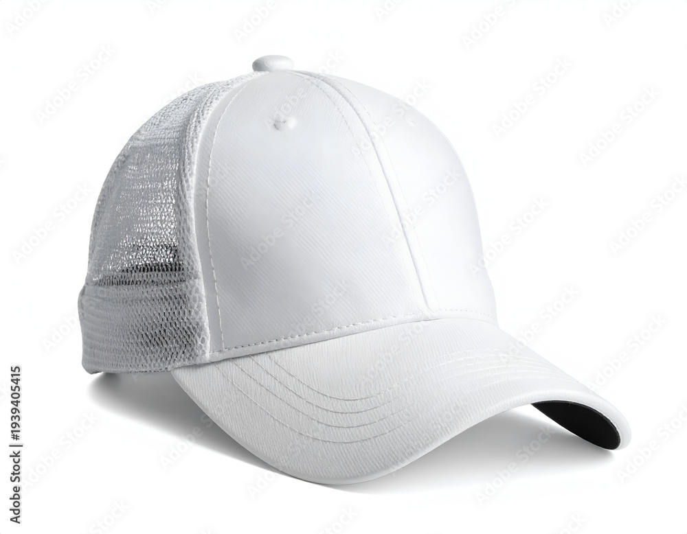 Fototapeta premium White mesh trucker hat with curved brim and adjustable back