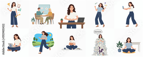 Flat Illustration Set of Diverse Business Woman in Various Activities