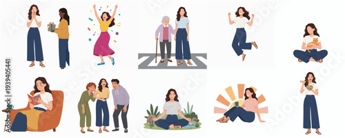 Diverse Lifestyle Moments Flat Illustration Set Featuring People in Various Activities