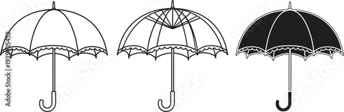 Three different types of vintage style umbrellas with unique canopy designs