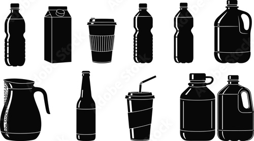 Vector illustration of stylized beverage container silhouettes symbolizing packaging, consumer products, recycling, culture, tradition, and education