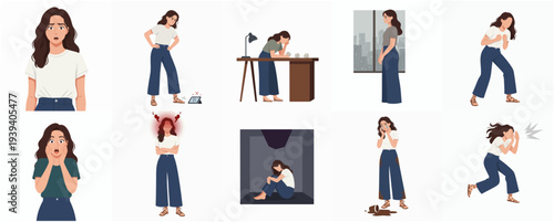 Minimalist Flat Vector Illustration of Woman Showing Different Emotional Expression