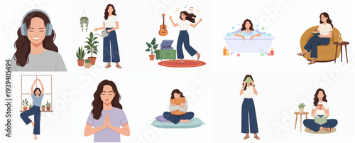 Colorful Flat Illustration Set of Young Woman Enjoying Relaxing Time Activities