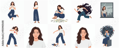 Minimalist Flat Style Illustration of Woman Expressing Various Emotional Stages Set