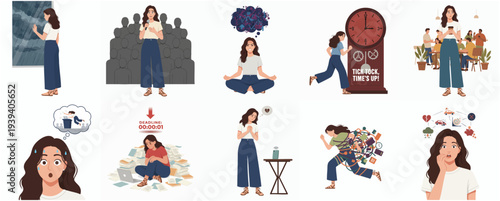 Stylish Flat Illustration Set of Young Woman in Different Situations