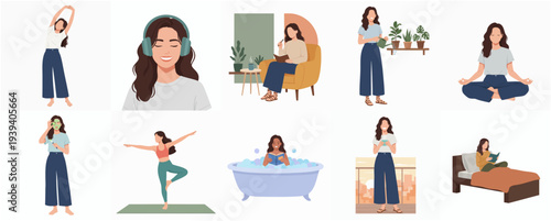 Flat Illustration Set of Woman Practicing Self Care and Wellness Activities