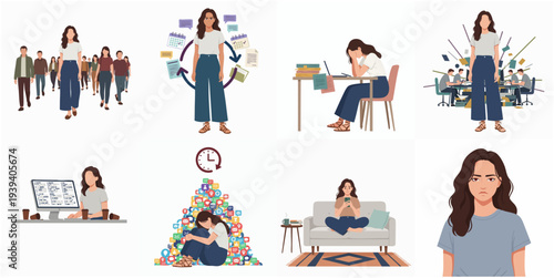 Trendy Flat Style Woman in Various Work and Relaxing Activities Illustration
