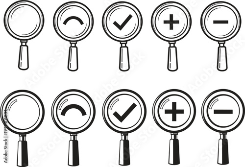 A set of eight magnifying glasses with various symbols on the lenses including checkmarks plus and minus signs and curved lines arranged in two rows