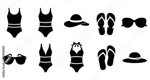 Summer Beachwear Silhouettes Swimsuits Hats Flip Flops Sunglasses Vector Illustration